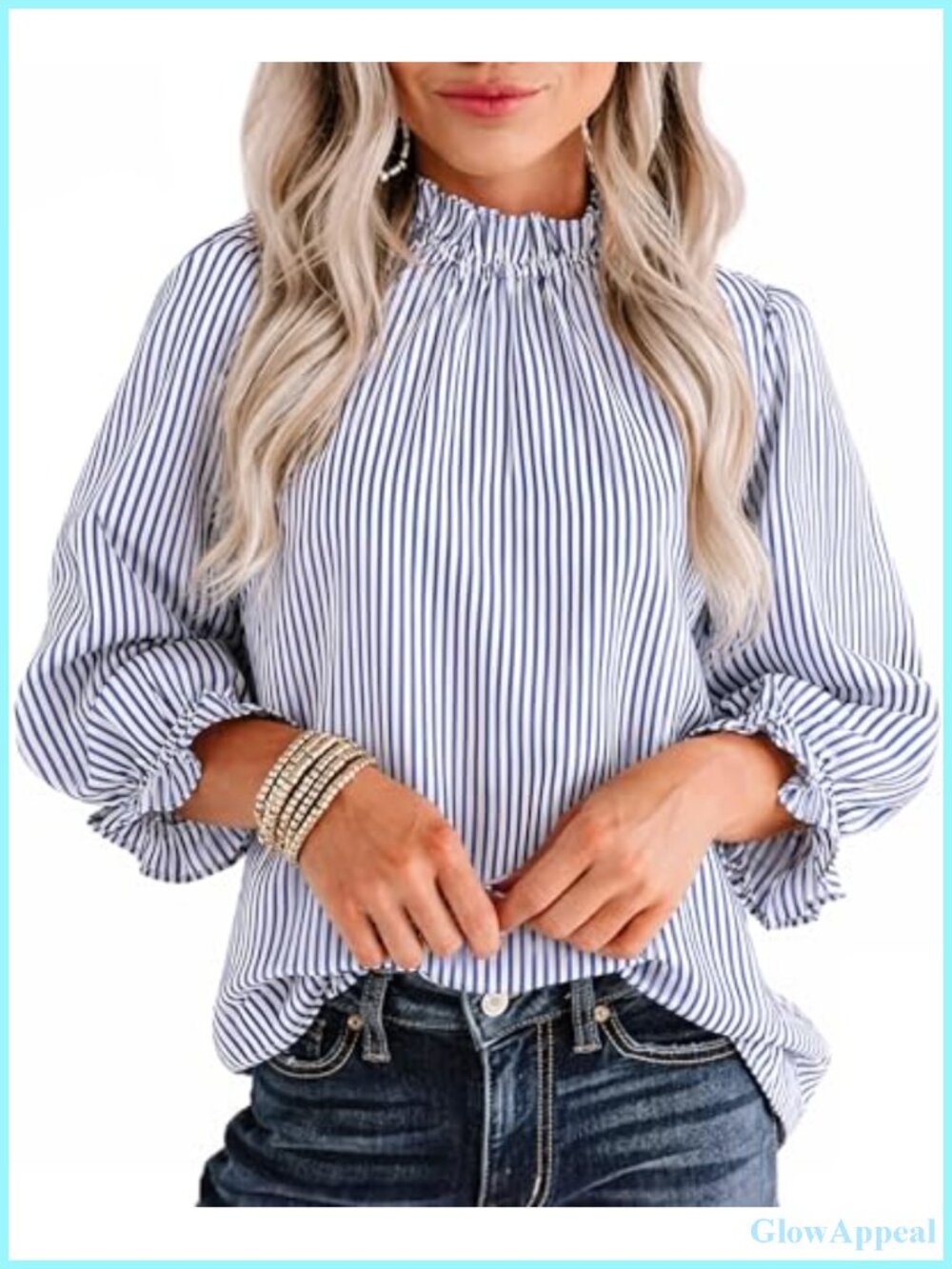 Avanova Woven Blouse Ruffle Mock Neck Business Casual 3/4 Sleeve Top